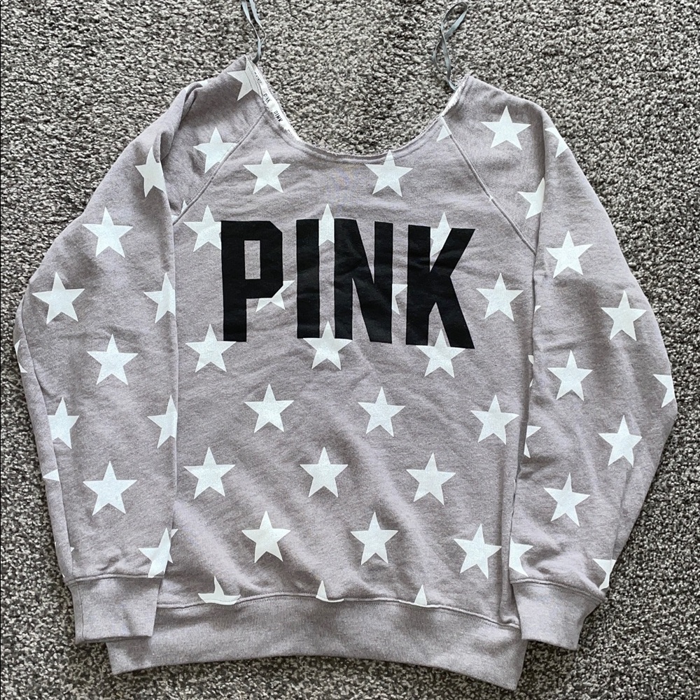 PINK Victoria's Secret Gray Star Sweatshirt Off Shoulder Neck Size Small